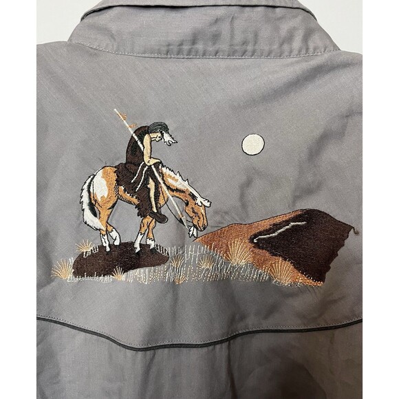 Mens L Vintage Ely Diamond Gray Shirt With Indian On Horse Snap Western Shirt - Picture 7 of 7